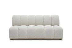 an upholstered white couch with wooden legs and backrests, on a white background