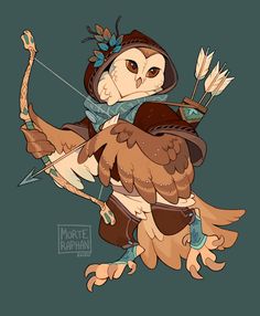 an owl with a bow and arrow on its back, holding something in it's hand