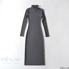 Peilia - Chic and Minimalistic High Neck Bodycon Dress with Stylish Hip-Hugging Design and Long Sleeves Bodycon Dress Elegant, High Neck Bodycon Dress, Elegante Y Chic, Wrap Around Skirt, Neck Bodycon Dress, Dress With Long Sleeves, Slim Fit Dresses, Bodycon Midi, Dress Elegant