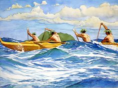 three men in canoes paddling through the ocean