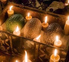 candles are lit in a metal box with pineapples