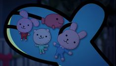 an animated image of three cartoon bears hanging from a heart shaped sign with the word love on it