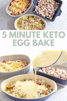 5 minute keto egg bake recipe in four different pans with cheese being drizzled on top