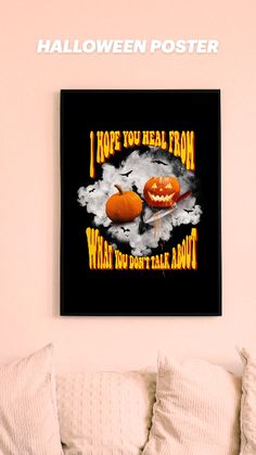 a halloween poster on the wall above a bed