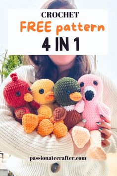 a woman holding four crochet birds in her hands with the text free pattern 4 in 1