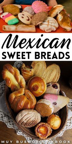 mexican sweet breads and pastries in a basket on a table with the title overlay