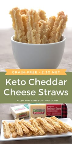 keto cheddar cheese straws in a white bowl and on a plate