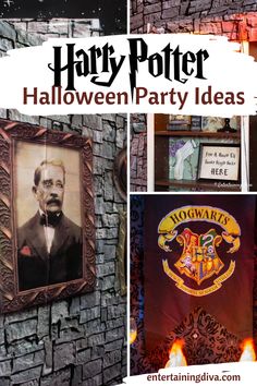 harry potter halloween party ideas for kids and adults with pictures on the wall behind them