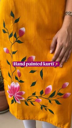 hand painted kafta with pink flowers and green leaves on yellow background, text reads hand painted kafta