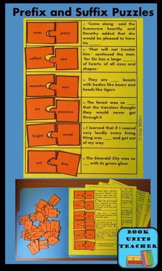 an orange and yellow book with the words prefx and suffx puzzles