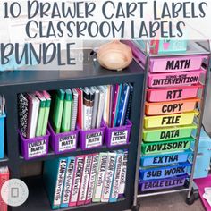 there are many different types of classroom labels on this bookcase and the title reads, 10 drawer cart labels for classroom labels