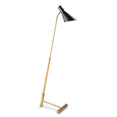 a floor lamp with a wooden base and black shade on the top, in front of a white background