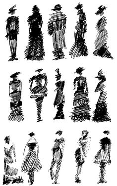 a bunch of black and white sketches of people