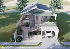 an artist's rendering of a house in the middle of a driveway with trees