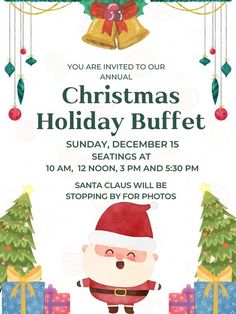 a christmas buffet flyer with santa clause and presents