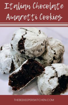 italian chocolate amarettoi cookies are piled on top of each other with text overlay