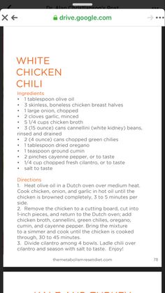 the white chicken chili recipe is shown on an iphone screen, with text below it