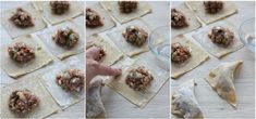 the process of making dumplings with meatballs and sauces on them is shown