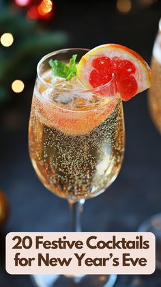 A festive cocktail with a champagne flute, garnished with a slice of fruit, perfect for celebrating New Year's Eve. New Years Eve Sangria, New Year Eve Cocktails Drinks, New Years Eve Shot Recipes, New Years Batch Cocktails, New Years Cocktails Recipes, New Years Themed Cocktails, New Years Mixed Drinks Recipes, Anniversary Drinks Cocktails, Dinner New Years Eve