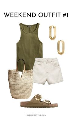 Off White Shorts Outfit, White Short Outfits Summer, White Jeans Shorts Outfit, Summer Walking Outfit, Summer Shorts Outfits For Women, Green Tank Top Outfit, White Jean Shorts Outfit, Lunch Outfit Summer, Jean Shorts Outfit Summer