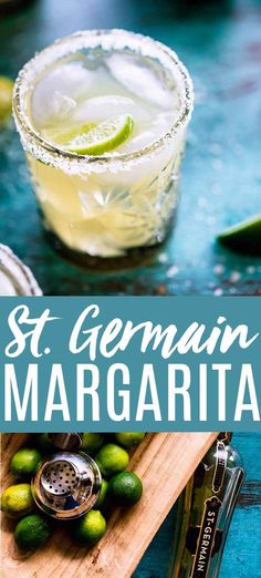 a close up of a margarita on a cutting board with limes