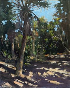 a painting of palm trees in the middle of a forest