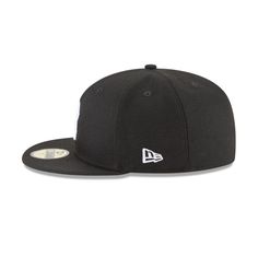 the new era fitted hat in black with white logo on the front and side panel