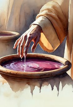 a painting of a person pouring water into a tray with purple liquid in it and another hand reaching for the bowl