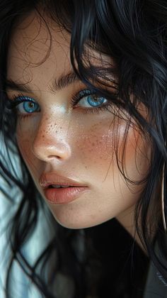 a woman with freckled hair and blue eyes is posing for a photo in front of the camera