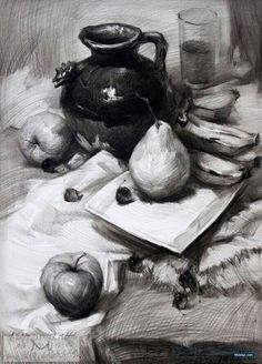 a drawing of apples, pears and a pitcher on a table with an open book