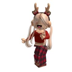 a cartoon character dressed in red and black plaid pants with deer horns on her head