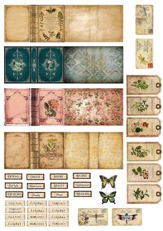 an assortment of old fashioned papers with butterflies and flowers on them, all lined up in rows