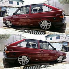 two pictures of a red car parked in front of a house