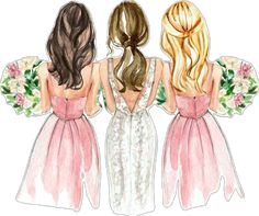 three girls in dresses with flowers on their backs, one is wearing a pink dress