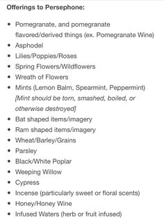 a list of different types of flowers on a white background with the words offerings to persephone