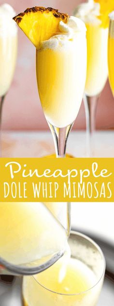 the pineapple dole whip mimosa is garnished with an orange slice