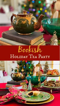 bookshelf holiday tea party with christmas tree in the background and green teapot on top