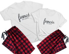 "➽ Price for 1 Pajama Set (1 shirt and 1 pants in total) ➽ Add each Set separately to your shopping cart. Celebrate this Christmas with these beautiful matching pajamas for couple. They make the perfect outfit for your Christmas Family Photos. Mix and Match the shirt's color by your choice! HOW TO ORDER: 1. Select Shirt Color + Size from the first drop down menu. 2. Select Pants Size from the second drop down menu 3. Enter your personalization: * Example: \"Fiancé Est. 2020\" \"Fiancée Est. 2020 Matching White Christmas Sets, White Matching Christmas Sets, White Family Matching Sets For Holidays, Matching White Christmas Sleepwear, White Matching Christmas Sleepwear, White Holiday Loungewear Sets, Family Matching White Holiday Sleepwear, White Holiday Sets For Pajama Party, Family Matching Holiday Sleepwear In White