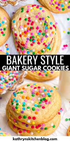 an image of some cookies with sprinkles on them and the words bakery style giant sugar cookies