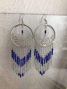 Blue, clear bead chandelier hoops by EarringsByHan on Etsy Bead Chandelier, Beaded Chandelier Earrings, Crystal Chandelier Earrings, Beaded Chandelier, Earring Ideas, Earrings Inspiration, Bead Shop, Silver Pieces, Czech Glass Beads