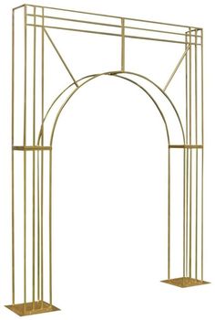 a gold colored metal structure with columns and arches on the sides, set against a white background