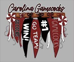 the carolina gamecocks banner is hanging from a wooden pole with ribbon on it