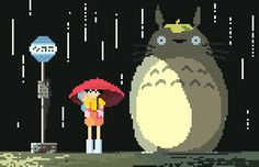 a pixellated image of a person standing in the rain with a totoro