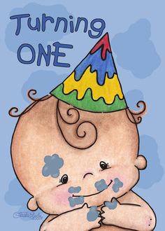 a card with a baby wearing a birthday hat on it's head and the words turning one