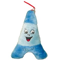 a blue and white stuffed animal with a smile on it's face, hanging from a red string