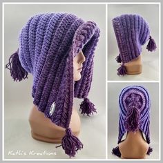 three pictures of the same purple hat on a mannequin's head, one with braids