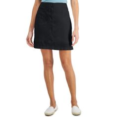 Karen Scott's Clever Petite Skort Combines The Best Of An A-Line Skirt With Attached Shorts For Active Pursuits. Approx. Length: 18"; Built-In Shorts: Approx. Inseam: 5-1/2" Due To Generous Sizing, We Suggest Sizing Down For The Perfect Fit Designed To Fit And Flatter 5'4" And Under Frame Front Zipper And Button Closure Two Patch Pockets At Front; Two Welt Pockets At Back Cotton/Spandex Machine Washable Imported Web Id: 12955834 Casual Short Length Skirt For Work, Casual Short Skirt For Work, Short Cotton Skirt For Work, Cotton Short Skirt For Work, Casual Skort For Workwear In Spring, Casual Spring Skort For Workwear, Casual Workwear Mini Skirt, Black Relaxed Fit Skirt For Work, Spring Black Non-stretch Skort