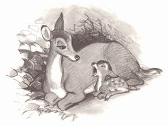 a drawing of an antelope and her baby