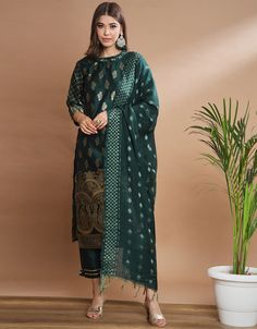 Designer Party Wear Cotton Silk Jacquard Salwar Suit Green Cotton Silk Jacquard Pant Straight Front View Party Brocade Sets With Self Design, Party Banarasi Silk Sets For Eid, Unstitched Jacquard Sets For Festive Occasions, Elegant Green Banarasi Silk Set, Fitted Jacquard Set For Festive Occasions, Party Sets With Unstitched Zari Weaving, Green Banarasi Silk Party Sets, Elegant Banarasi Silk Party Sets, Fitted Sets With Zari Weaving For Celebration