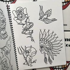 Roses and devils from Tattooing Coast to Coast Volume 2 by Mikey Holmes. Traditional Tattoo Drawings, Dream Catcher Tattoo, Traditional Flash, Tattoo Outline Drawing, Simpsons Art, Tattoo Magazines, Traditional Tattoo Design, Big Cats Art, Traditional Tattoo Flash